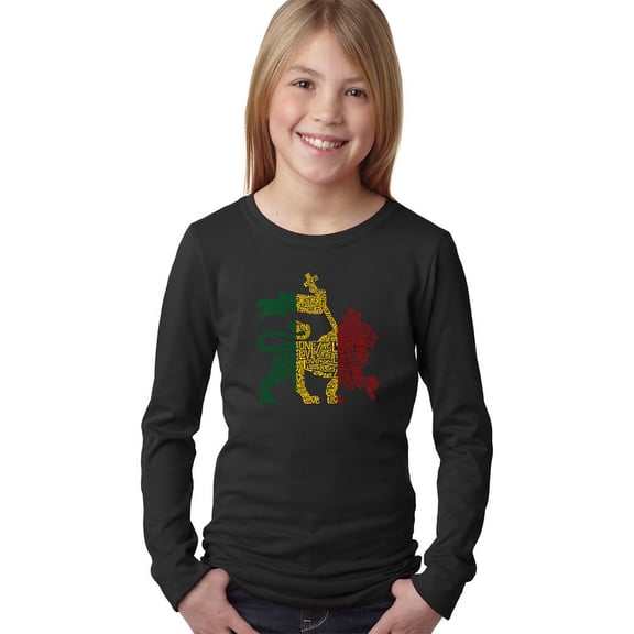 LA Pop Art Girl's Word Art Long Sleeve - Rasta Lion - One Love