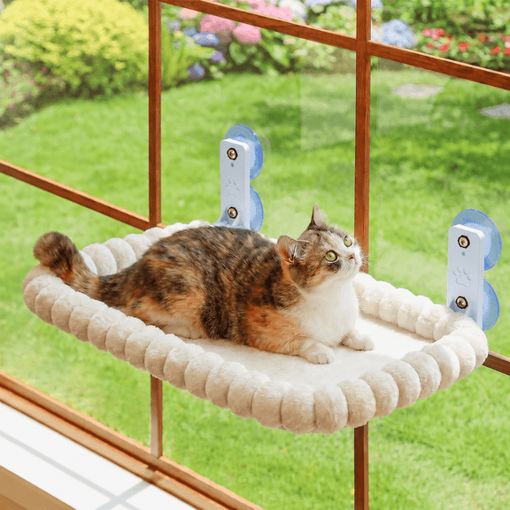 HeariCro Foldable Cat Window Perch, Suction Cup Cat Hammock for Window, Removable Washable Cat Bed, Holds 40 lbs, Cream White, 20.5 x 11.8 in