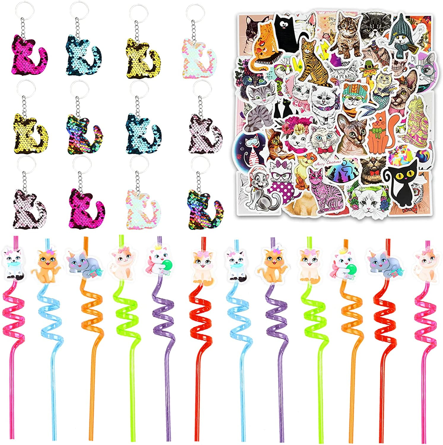 12 Pack Cat Party Favors for Adults Kids, Cat Straws Meow Keychains