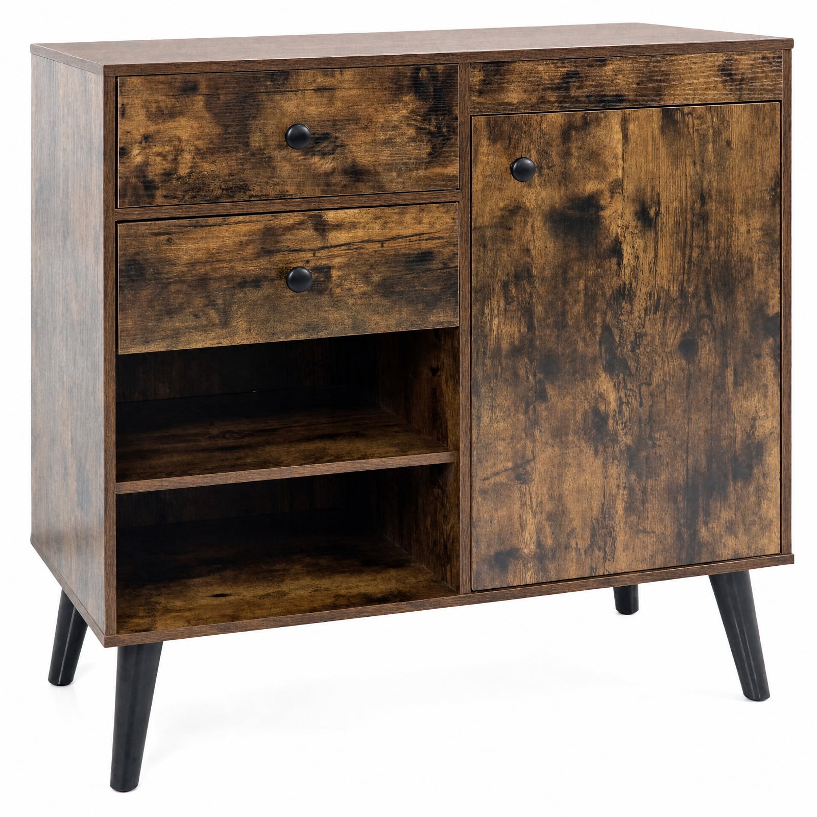 Furnibear 31" Sideboard Cabinet with 2 Open Compartments and 2 Drawers for Kitchen Dining Living Room Buffet Storage Server, Rustic Brown