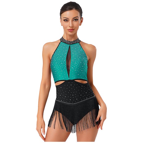 iiniim Women Fringe Latin Dance Leotards Halter Neck Backless Gymnastics Boddysuit for Tango Rumba Salsa Teal L