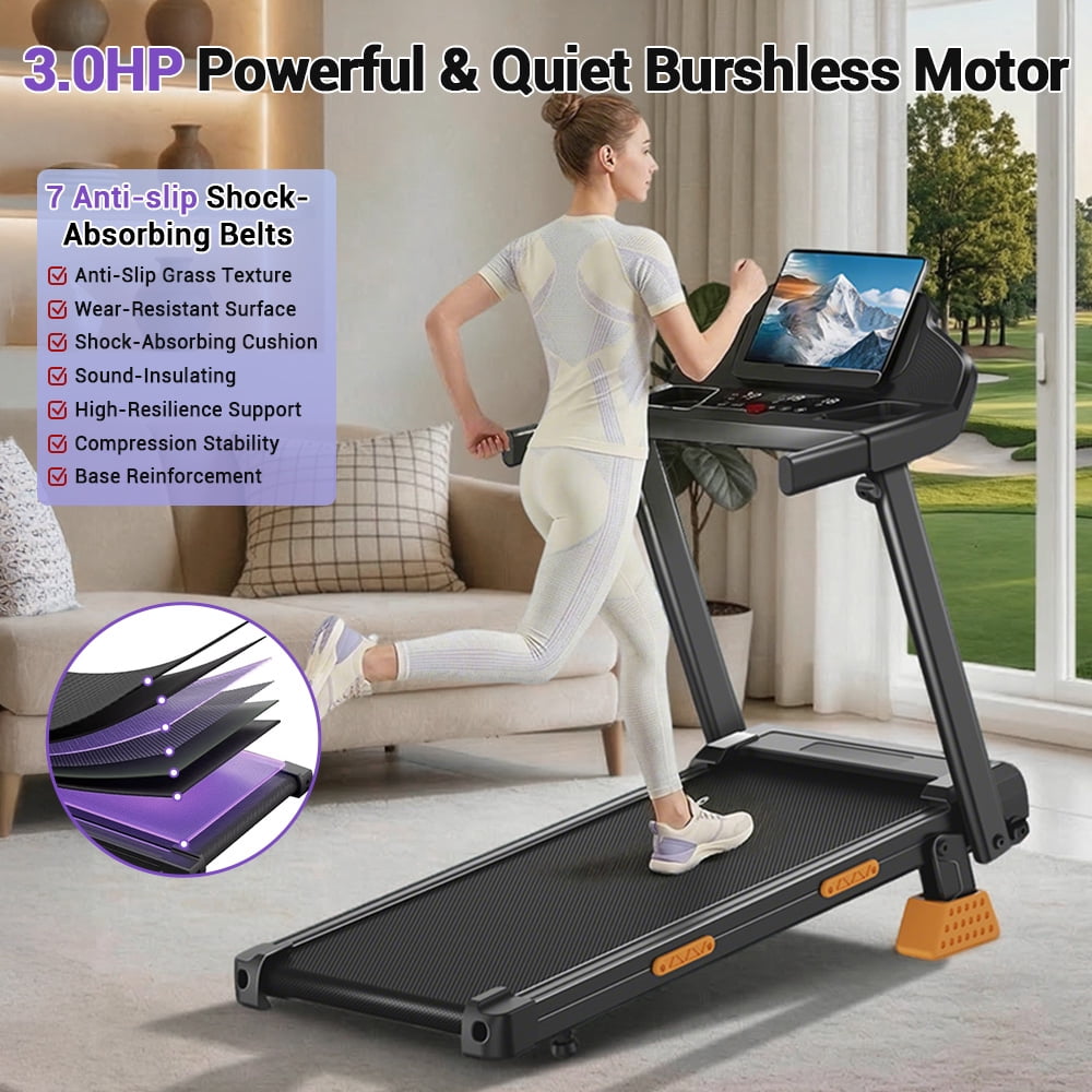 SONITU 16% Incline Folding Treadmill for Home, 3.0HP Quiet Motor, 300 lbs Capacity, 7-Layer Cushioning, 3 LED Displays with Handrails