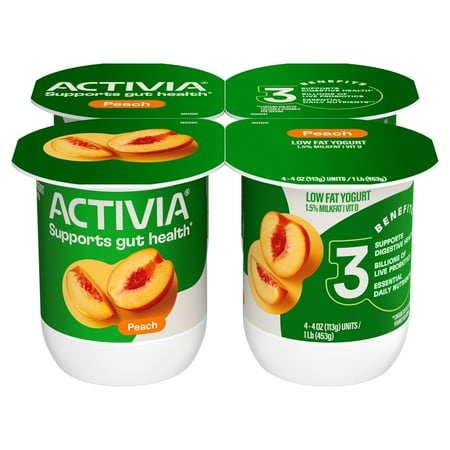 Activia Peach Low Fat Probiotic Yogurt Cups, Helps Support Gut Health, 4 oz, 4 Count