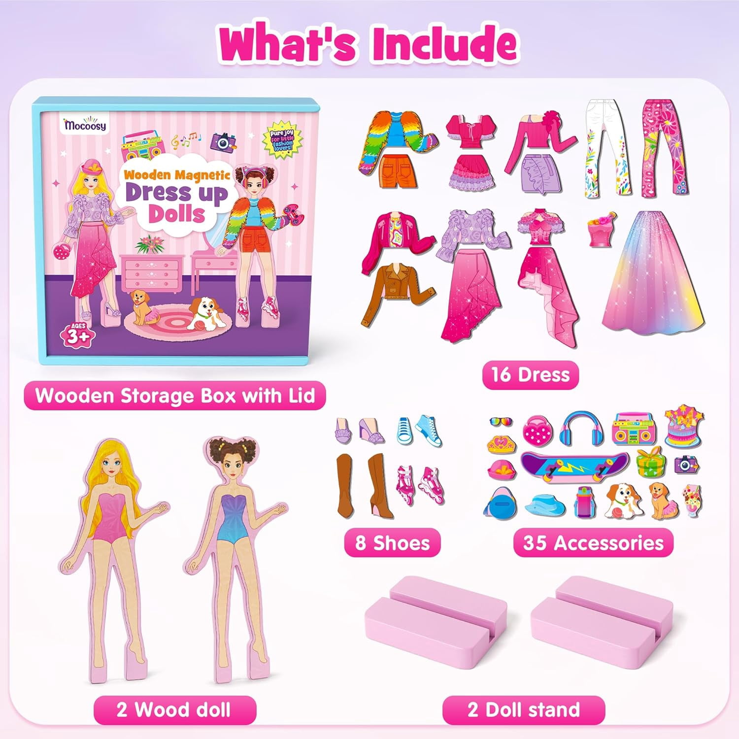 Mocoosy Wooden Magnetic Dress Up Dolls for Girls, 2 Magnet Dolls with Wood Case, Travel Game Airplane Car Road Trip Essential Toy On The Go Activity Set Easter Birthday Gift Girls 3 - 8 Year Old