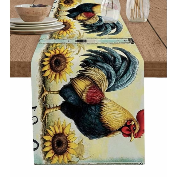 Yellow Retro Rooster Burlap Cotton Table Runner 14x72 Inches Long, Farmhouse Animals Sunflower Farmhouse Table Runners, Outdoor Dining Tablecloths Decor for Baby Shower/Party/Wedding