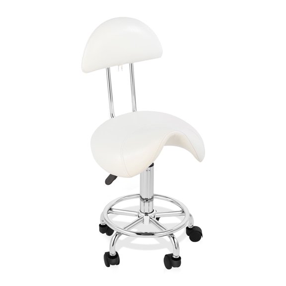 Saddle Chair Salon Stool Rolling Ergonomic Saddle Stool with Soft Comfortable Cushion and Wheels Hydraulic Adjustable Stool for Home Office Dental Tattoo Salon Shop Use White, with Backrest