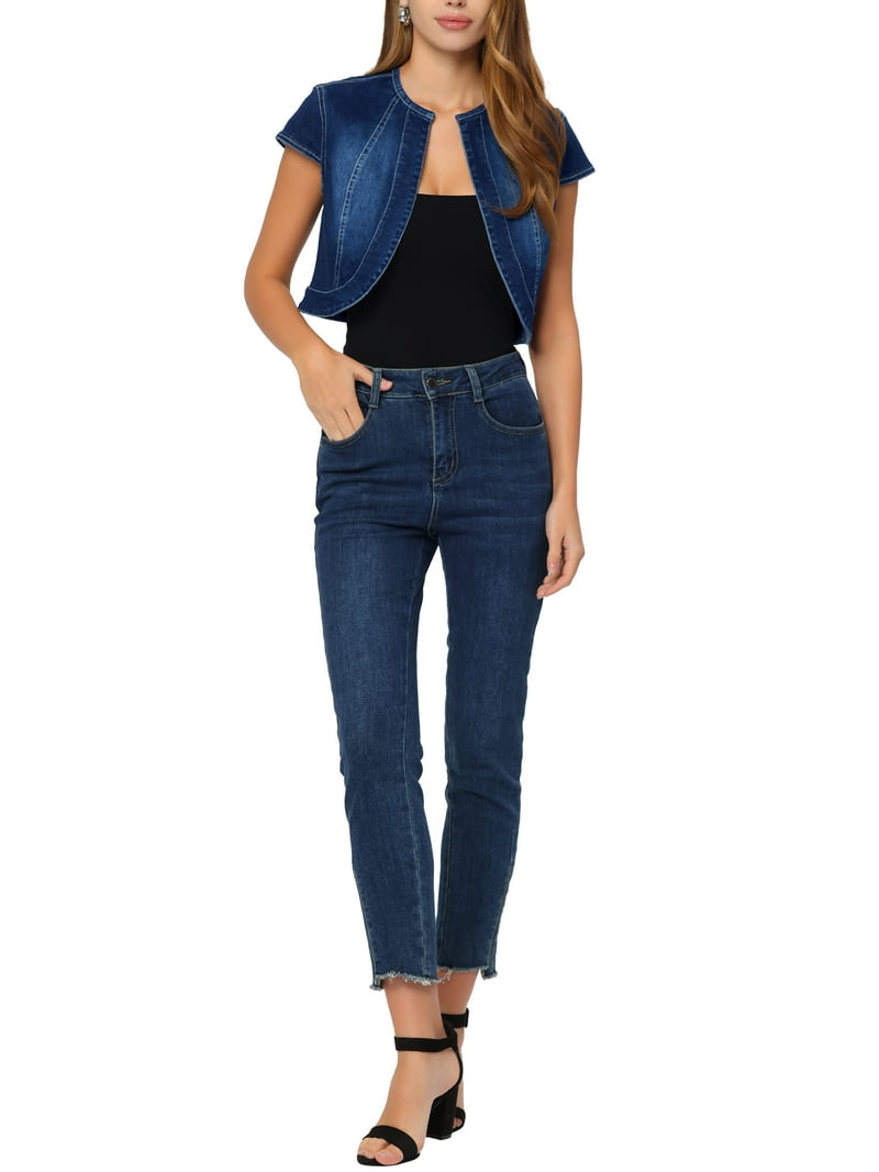 MODA NOVA Juniors' 2023 Crop Denim Cap Sleeve Slim Fit Summer Jean