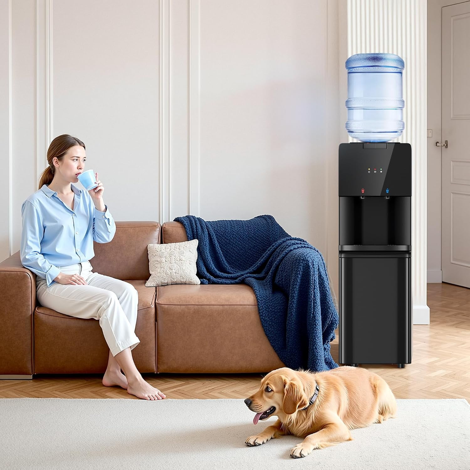 UrbanSync Water Dispenser for 3 or 5 Gallon Bottles, Top Loading Water Cooler with Hot & Cold Water, Child Safety Lock, Ideal for Kitchens, Offices, Black