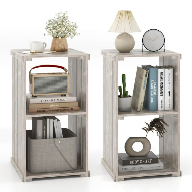 Costway 2 PCS 2-Cube Storage Shelf Slatted Paulownia Wood Cubic Organizer with Open Back Brown