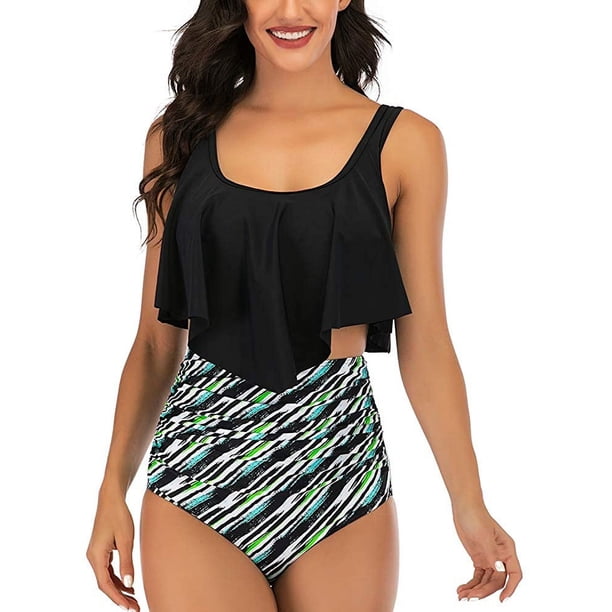 Trajes de baño para mujer, dos piezas, Tankini, parte superior con volantes, Control de barriga, parte inferior de cintura alta, trajes de baño, conjunto de Bikini Ofspeizc WRMH-1299-16