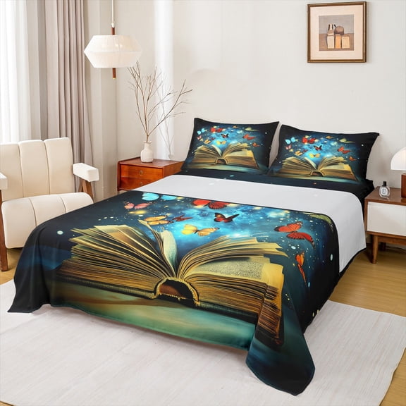 Manfei Magical Books Child Twin Sheet Sets, Fairy Tale Butterfly Twin Fitted Sheet, Glitter Dreamy Galaxy Flat Sheet, Breathable Home Decor, 3pcs