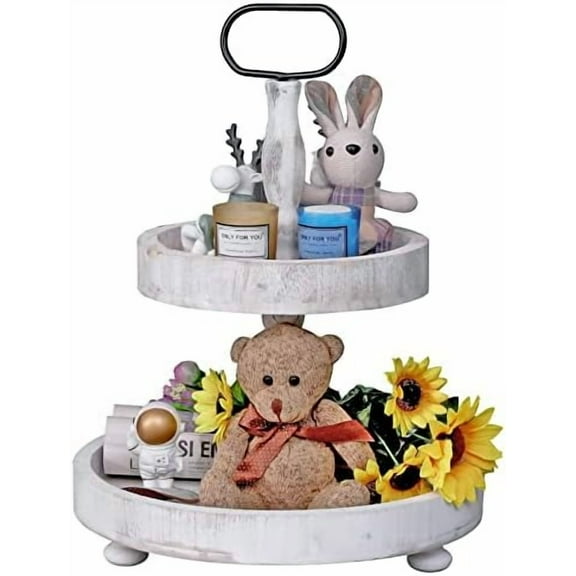 2 Tier Tray Rustic Cake Stand Farmhouse Kitchen Decor Centerpiece,Farmhouse Serving Tray with Handle for Coffee Bar$$Home Decor, Kitchen, & Other