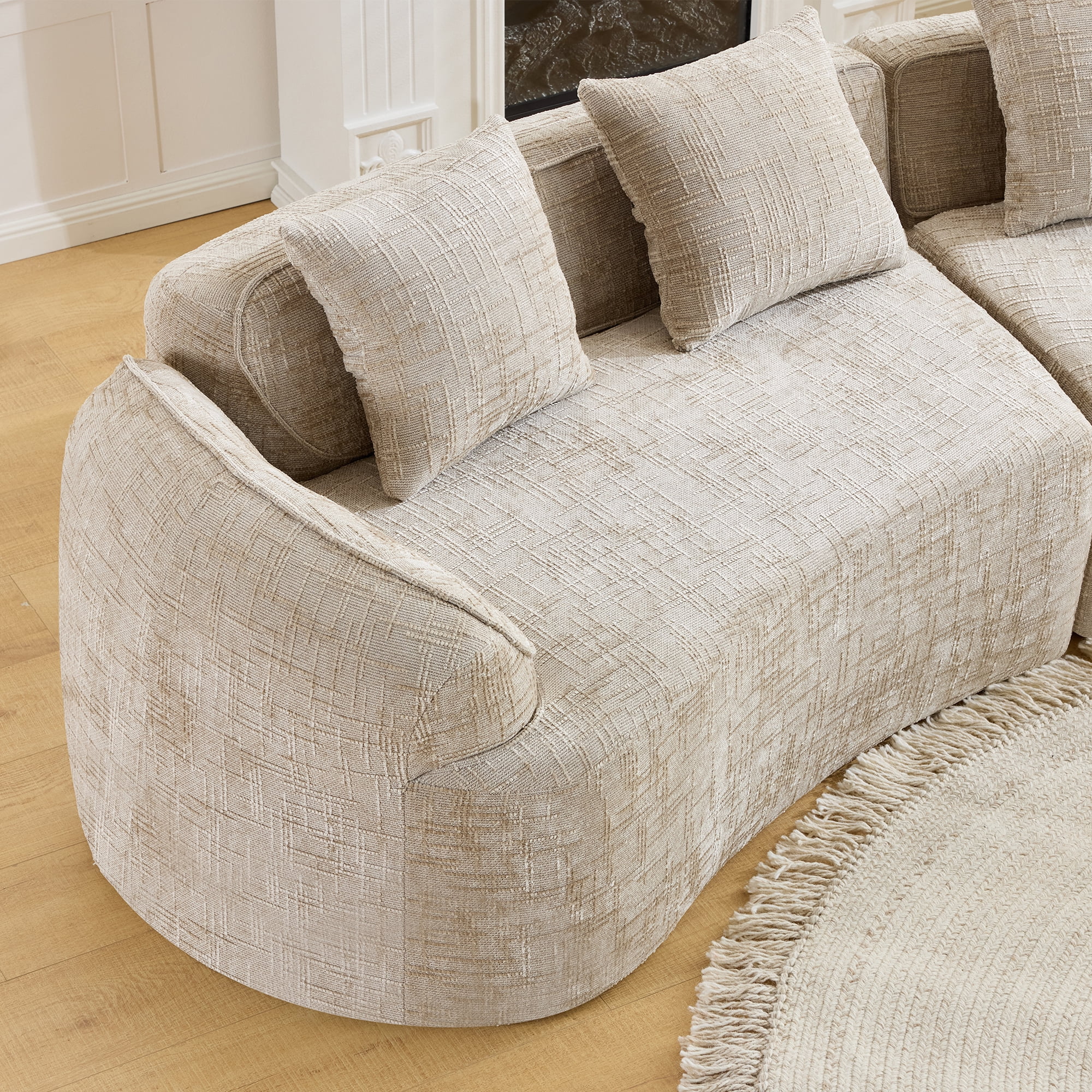 MAYEERTY 4-Seat Curved Compressed Sectional Sofa, Upholstered Cloud Modular Couch with Throw Pillows, No Assembly for Living Room Apartment Small Spaces