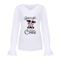 thumbnail image 4 of Mujeres Casual Vaca Impreso Cuello en V Encaje Empalme Manga larga Jersey Blusa Camiseta Tops Fridja  hkj4255, 4 of 8