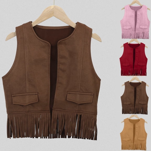 RTKFRFLM Kids Western Cowboy Vest Unisex Tassel Suede Waistcoat for Party Performance Pink 7-8 Years