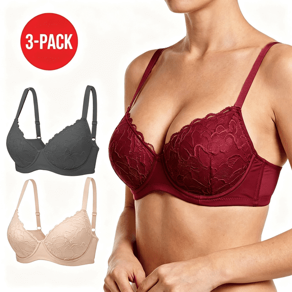 Women's 3 Pack Push-Up Bras, Underwire Padded Full Coverage Bra, Soft Floral Lace Lift Everyday Bra for Women B C D Cup, Wine/Nude/Black
