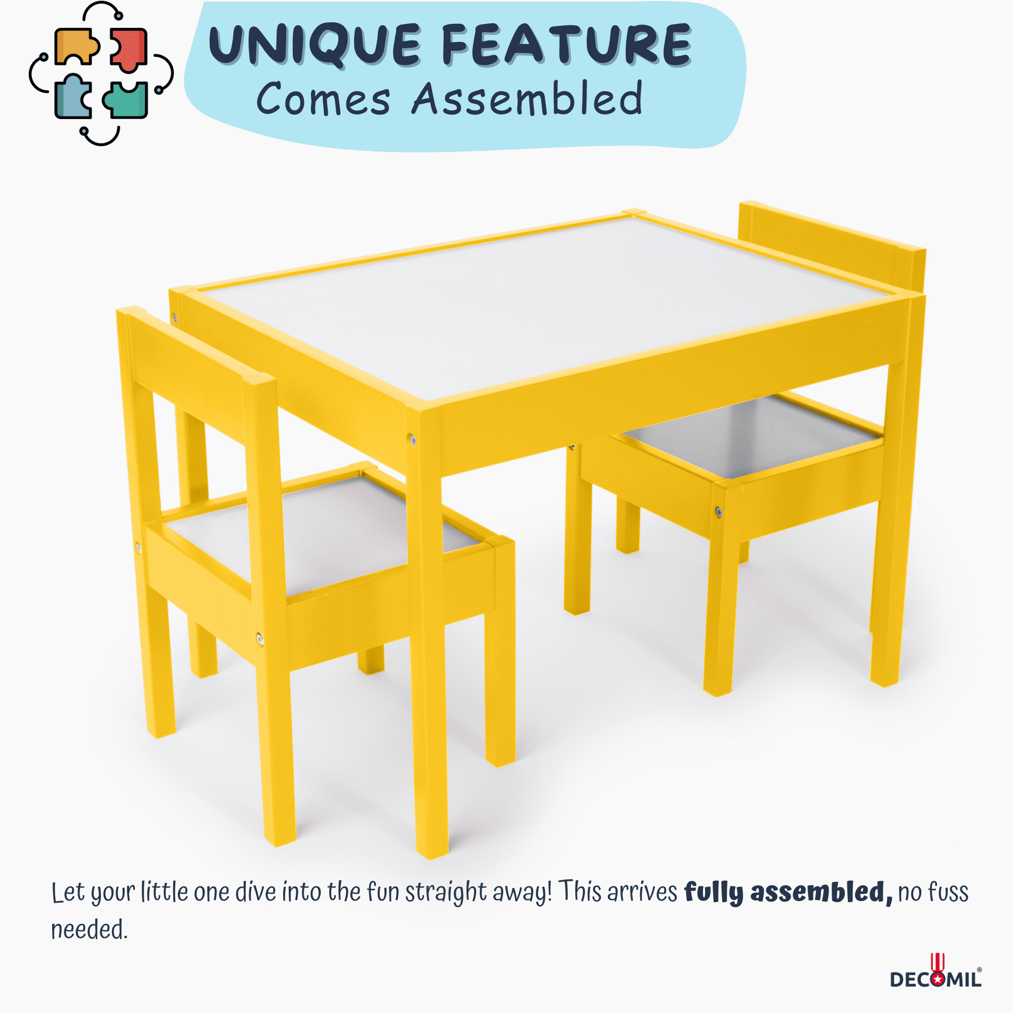 DECOMIL Kids Wooden Table and Chairs, 3 Pieces Set Includes 2 Chairs and 1 Activity Table, Picnic Table with Chairs (Yellow)