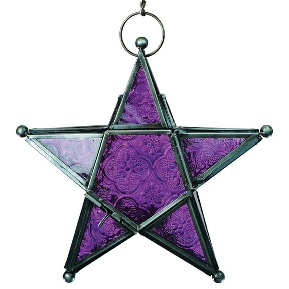 In the Breeze 9216 — Purple 5-Point Star Tealight Lantern — Moroccan-Style Boho Chic Glass and Metal Tealight Hanging Lantern
