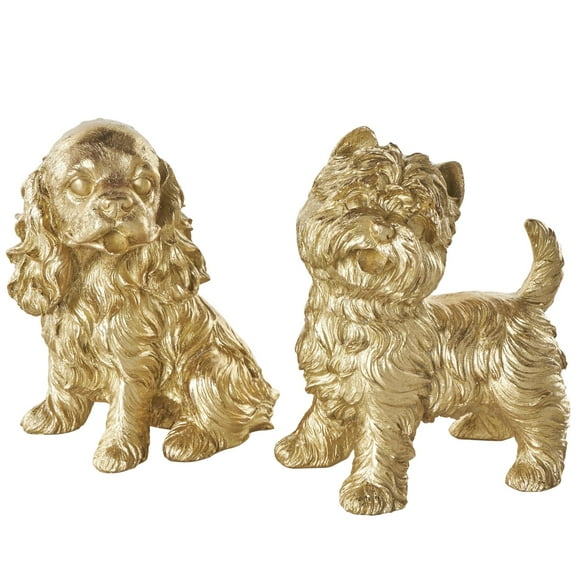 5"W, 9"H Gold Polystone Sitting and Standing Dog Sculpture, by DecMode (2 Count)