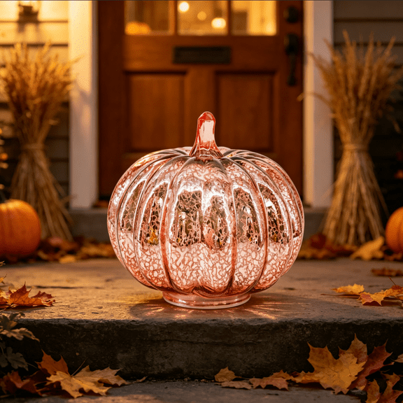 Mercury Glass Pumpkin with Lights and Timer for Tabletop Halloween Thanksgiving Autumn Decorations, Glass Pumpkins Lights for Fall Home Holiday Decor.A