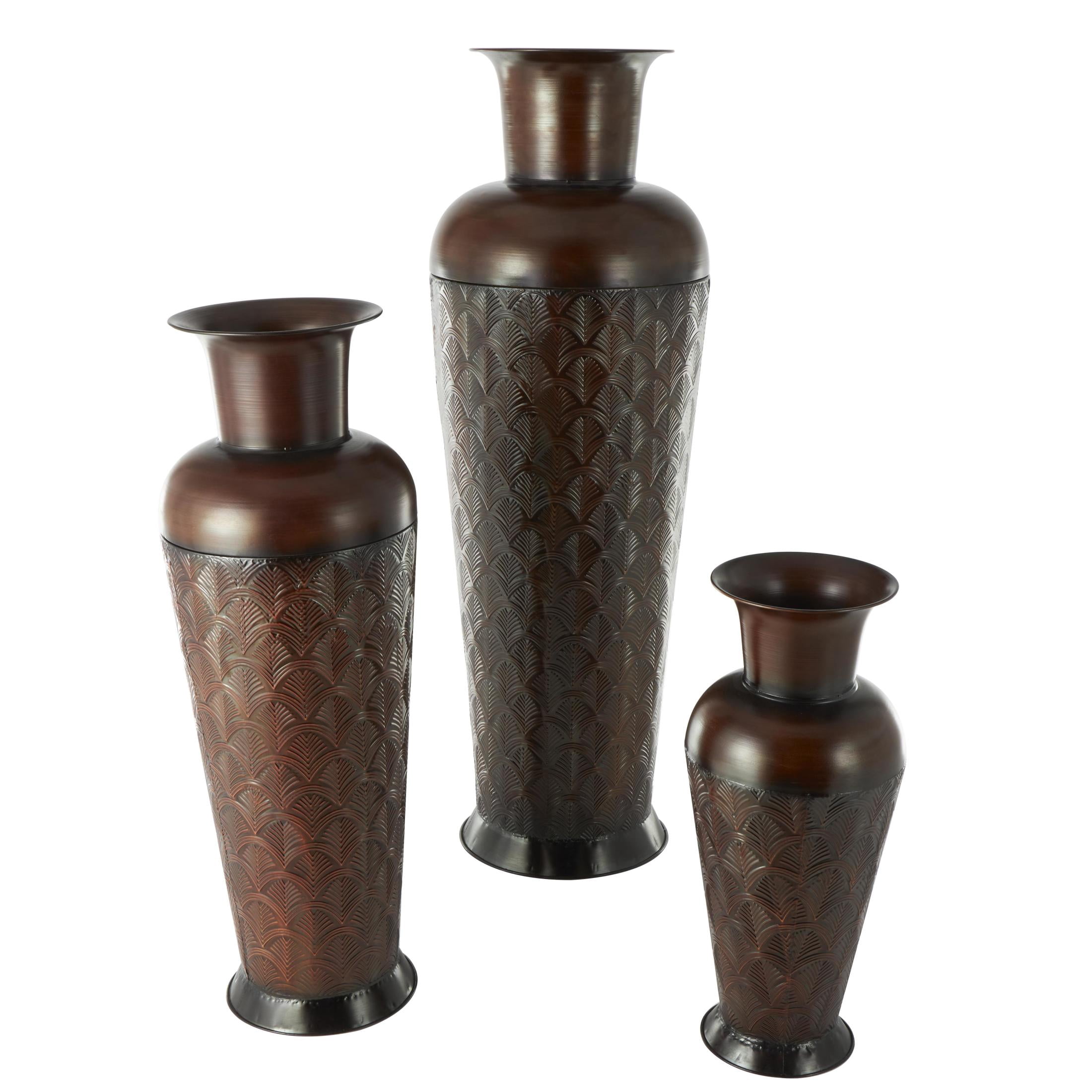 DecMode 53", 40", 27"H Geometric Tall Tapered Floor Dark Brown Metal Vase with Brown Trumpet Tops, Set of 3