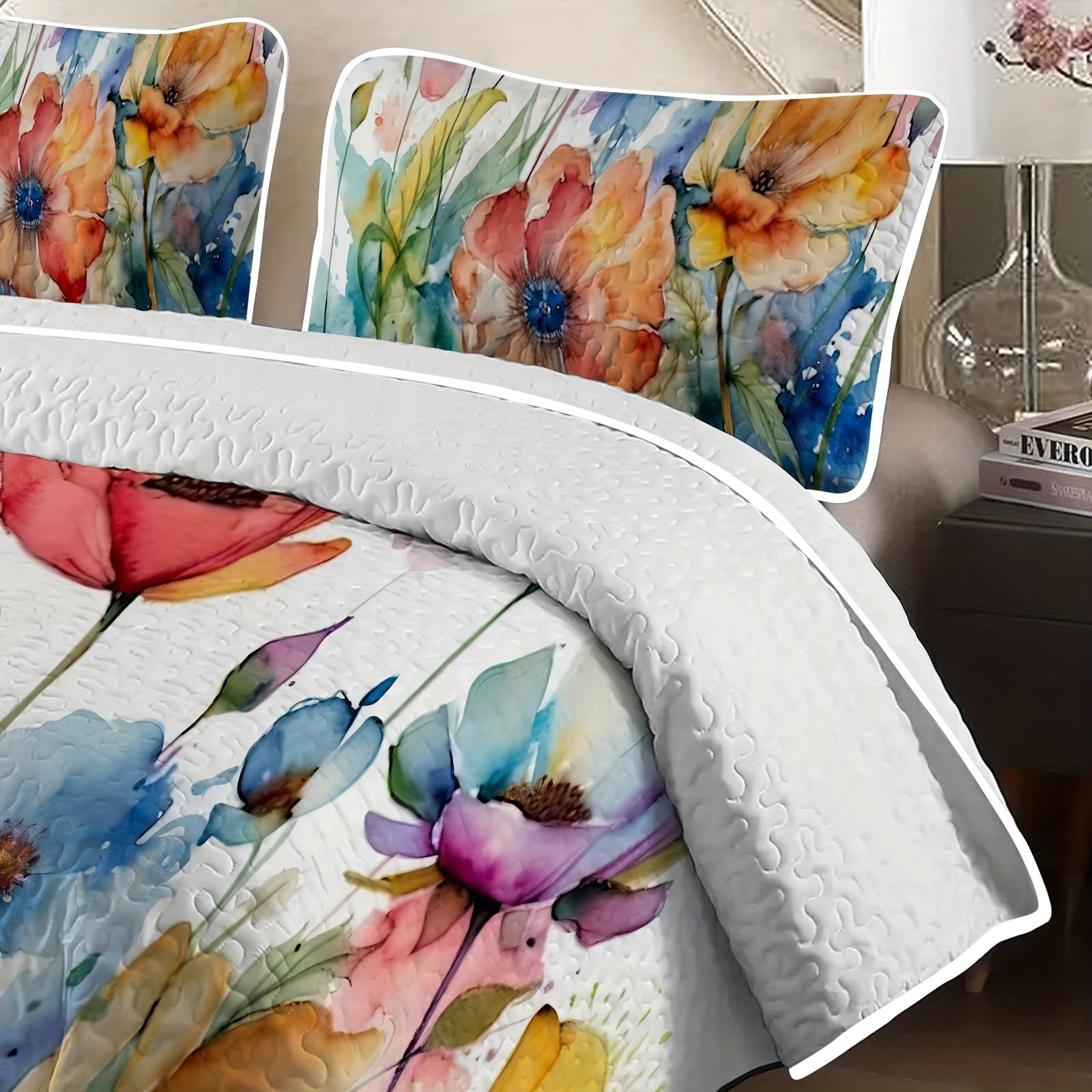 Flymme Quilts Sets Queen Size 3 Pieces Watercolor Art Floral Bedspread Coverlet with Pillowshams Lightweight Quilt Bedding Sets for Bedroom Decor