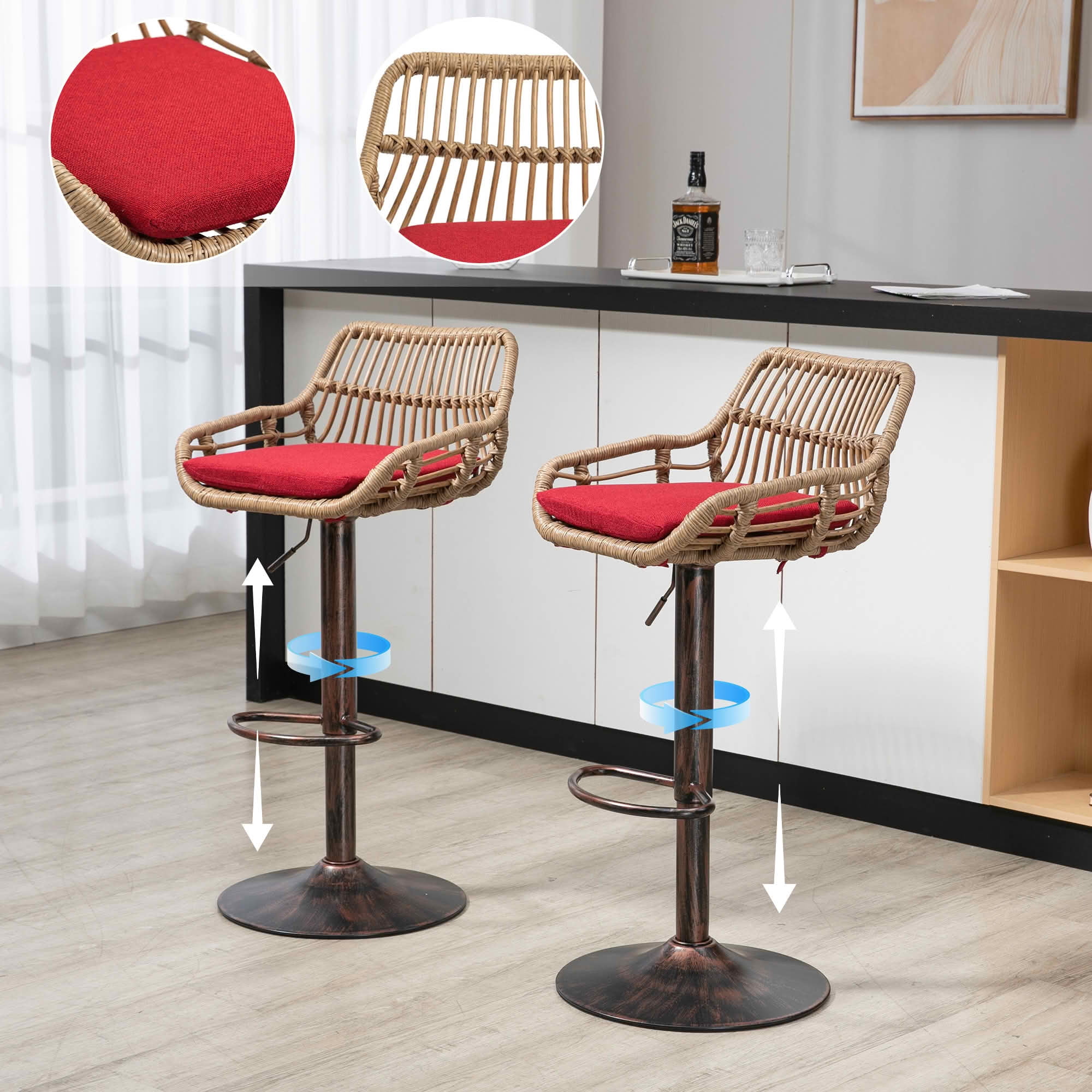 MAYEERTY Swivel Bar Stools Set of 2, Adjustable Height Chairs with Footrest, Linen and PE Rattan Back, Red