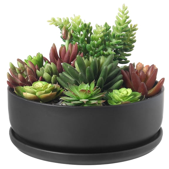 MyGift 8 Inch Modern Round Black Ceramic Planter Bowl with Removable Saucer