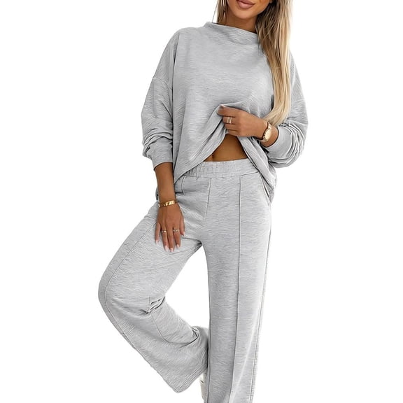 ChicMe Two Piece Sets for Women Side Zip Lounge Outfit Solid Color Off the Shoulder Long Sleeve Pullover Tops with Wide Leg Pants Set Tracksuit Light Gray-L