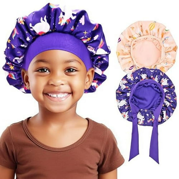 Lolalet 2 PCS Kids Reversible Satin Bonnet Night Sleep Caps with Wide Elastic Band for Sleeping  -Unicorn/Rainbow