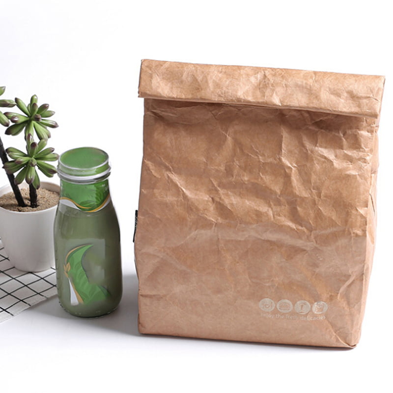 Brown Paper Lunch Bag Reusable Insulated Thermal Cooler Sack Magnetic ClosIHfi