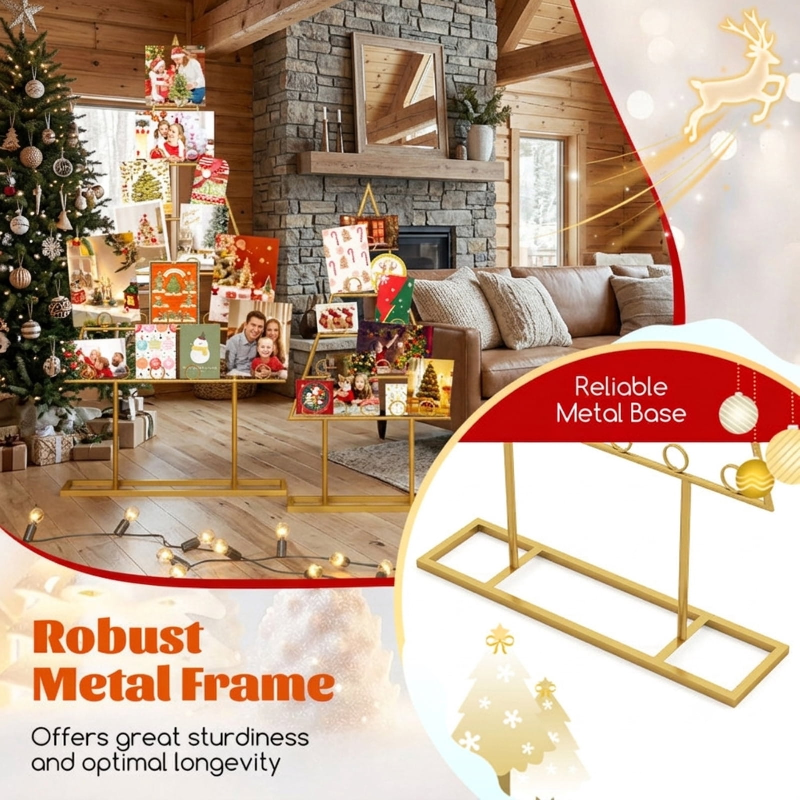 Vebreda 2 Pack Christmas Tree Card Photo Holder, 36 Round Clips Gold Metal Display Rack for Xmas Cards Pictures, Tabletop Holiday Decor for Home Office