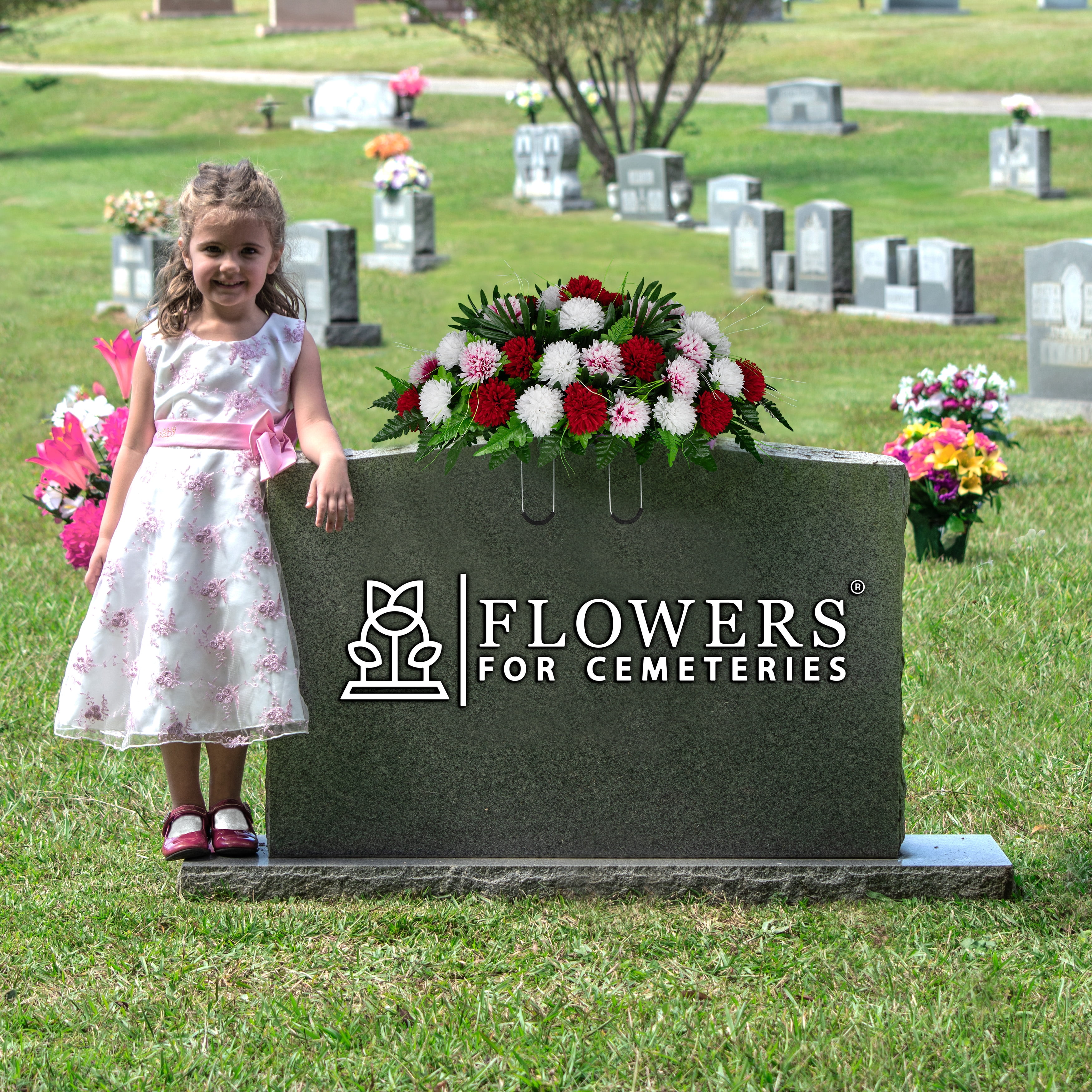 Sympathy Silks Artificial Cemetery Flowers - Red and White Mums - Saddle for Headstone
