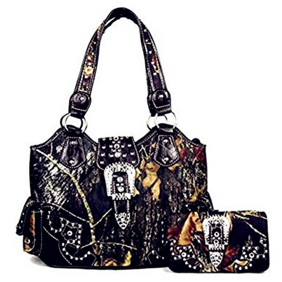 Premium Western Rhinestone Camouflage Large Purse Belt Buckle Handbag With Mathing Wallet
