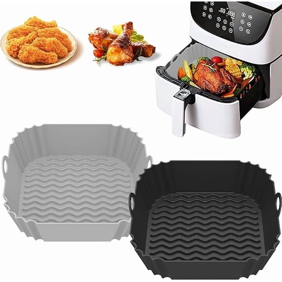 2 Pcs Square Silicone Air Fryer Liners, Reusable Air Fryer Accessories, Fit For 4-7 Quart (Approx. 20 Cm) Air Fryer, Microwave Safe (Black Grey)
