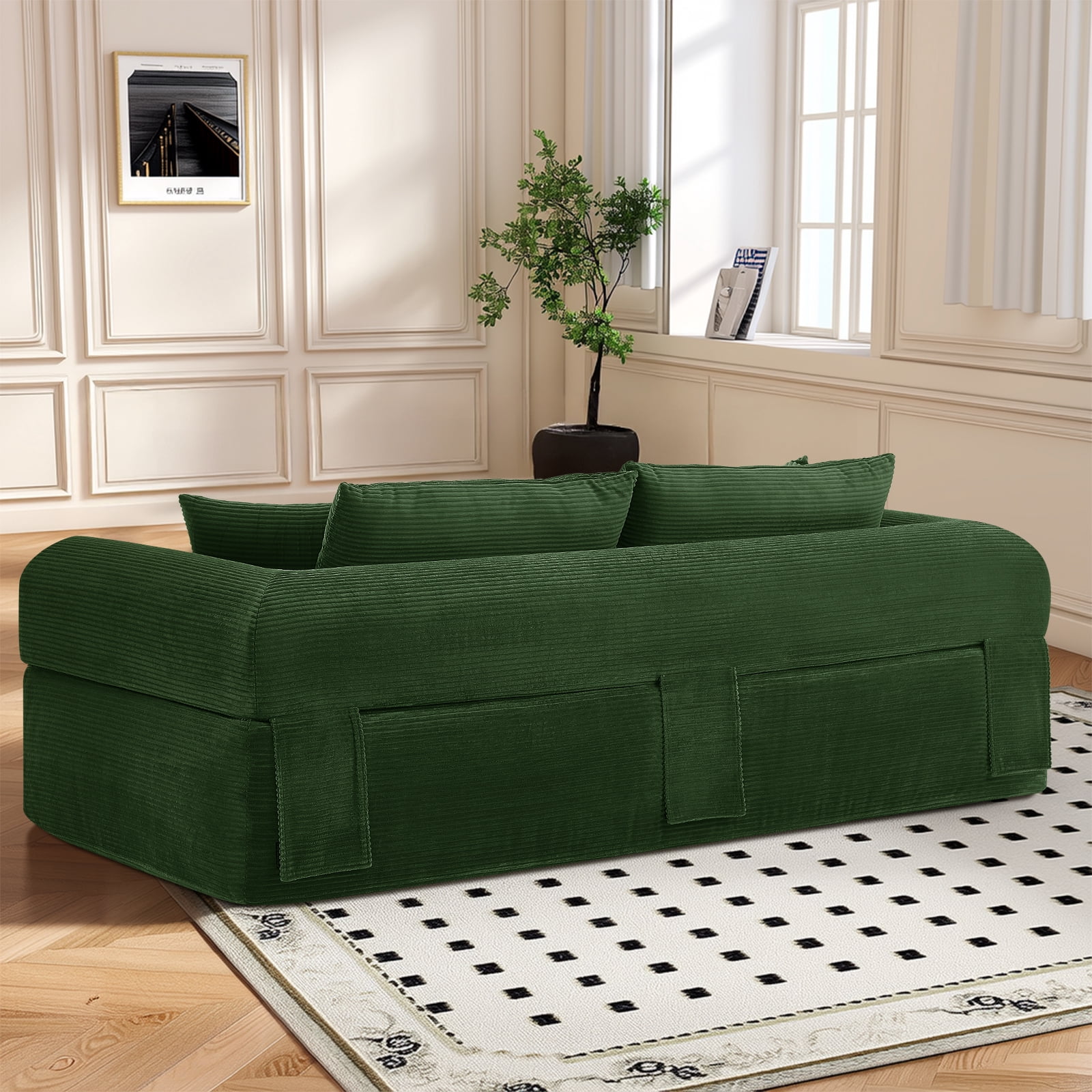 83" Seater Sofa Bed Couch with 4 Furry Pillows & Corduroy Fabric, No Assembly Sofa in a Box, Boneless Couch with Side Storage Pockets for Living Room, Bedroom, Office