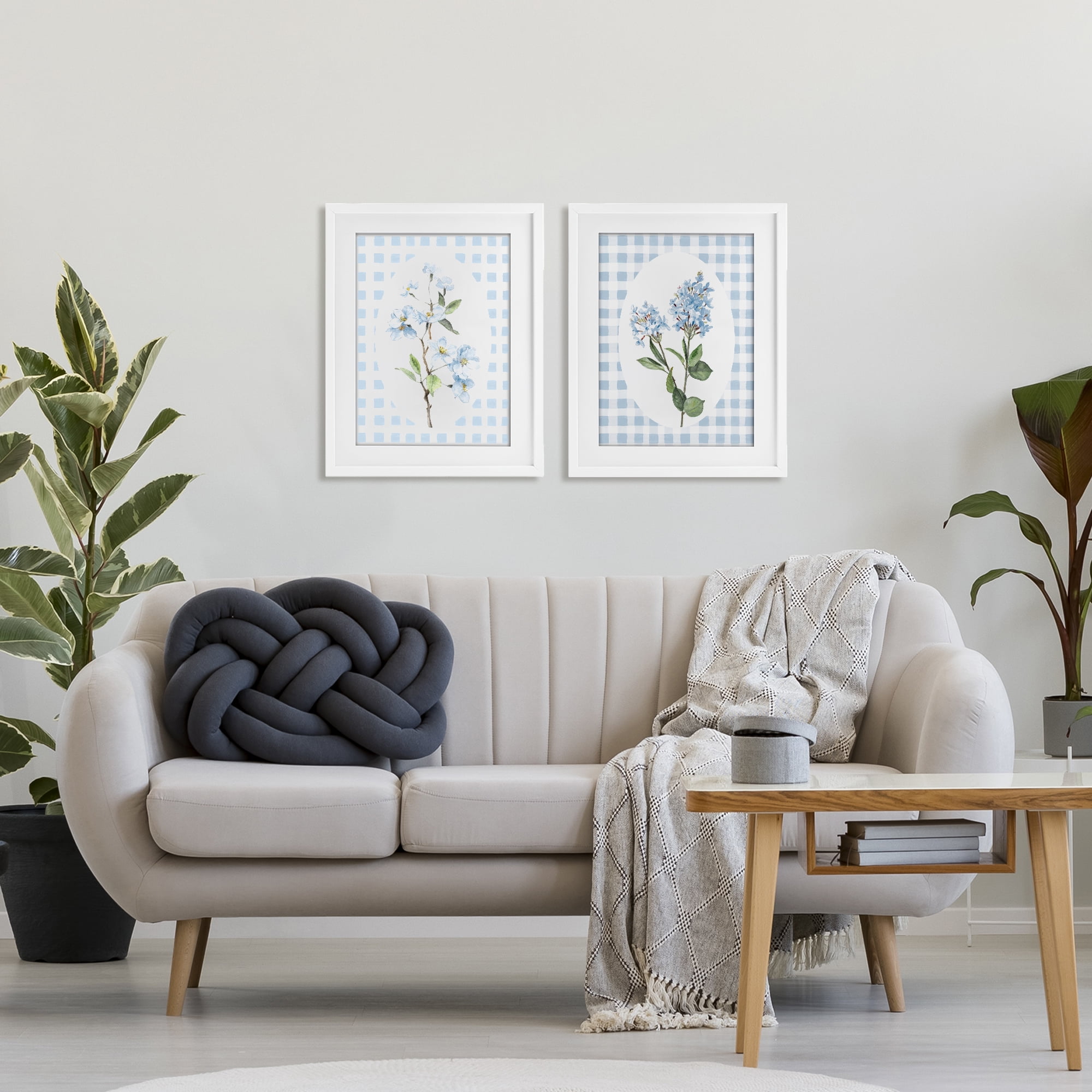 Stupell Industries Blooms on Blue Checkered 2 Piece White Framed Print Under Glass Set, design by Lanie Loreth