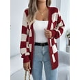 thumbnail image 4 of Women'S Autumn and Winter Contrast Color Plaid Lantern Sleeve Cardigan Sweater Mid-Length Coat Wine Red L, 4 of 9