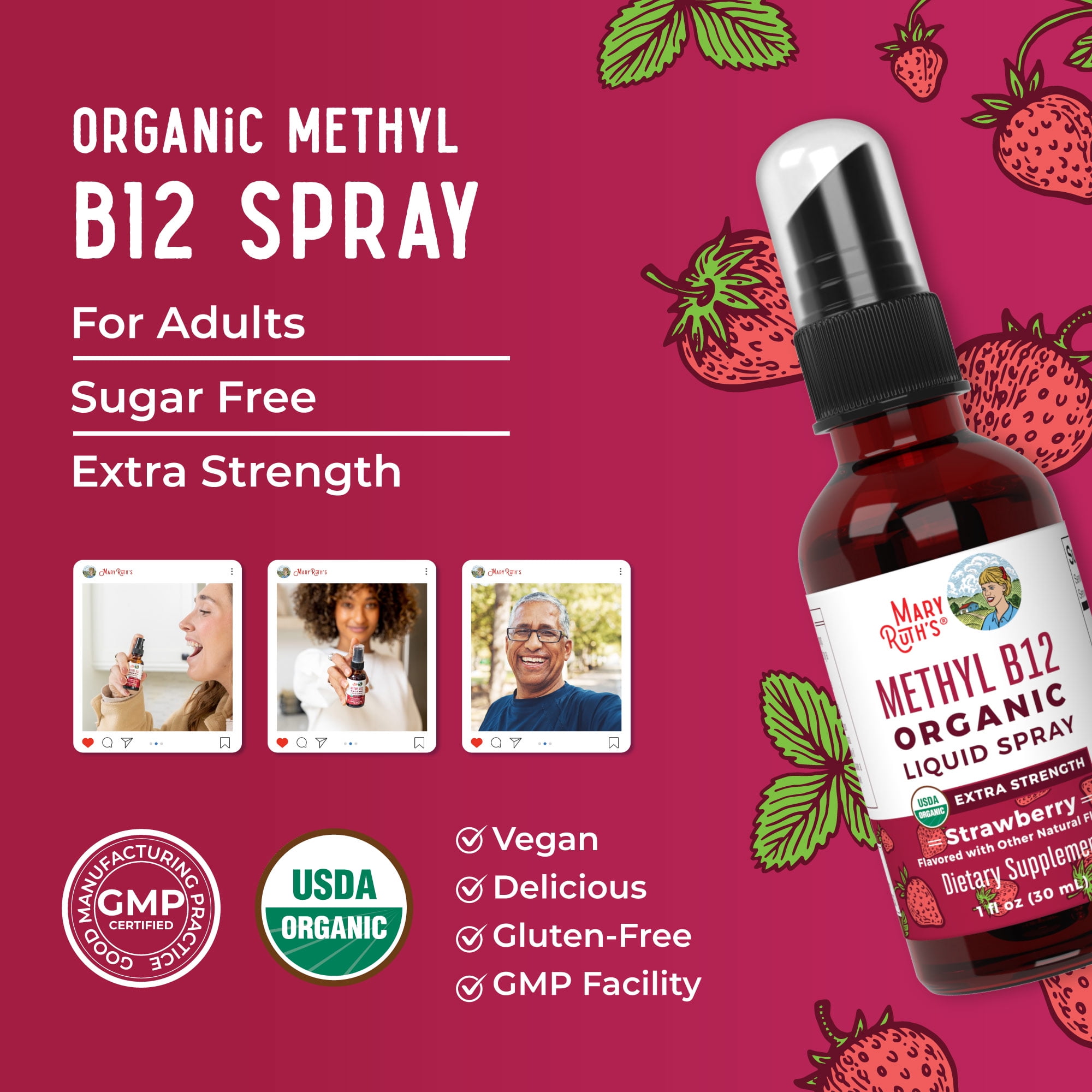 MaryRuth's Methyl Vitamin B12 Letter Vitamins Liquid Spray USDA Organic Strawberry Vegan Gluten-Free 1-Count 1 fl oz