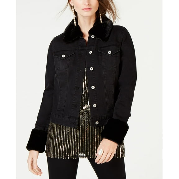 Leopard Print Faux Fur Trim Denim Jacket Black L