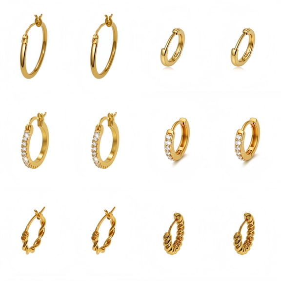 Gold Plated Earrings for Women, 6 Pairs 14k Gold Plated Hoop Earrings, Hypoallergenic Chunky Jewelry Set Gifts