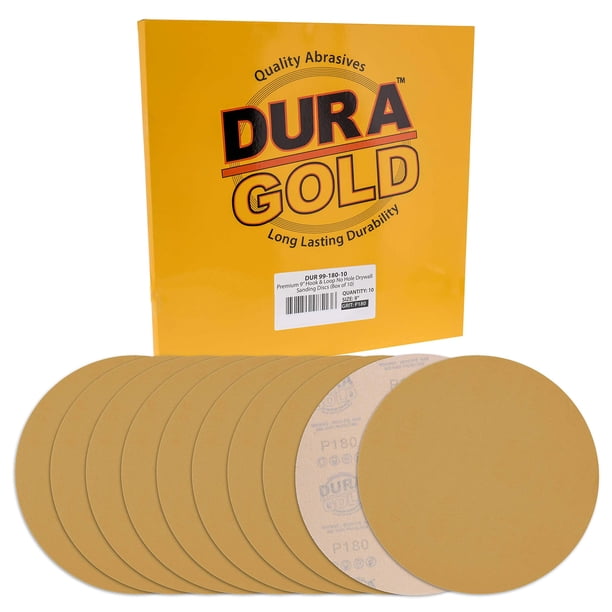 Discos de lijado para paneles de yeso Dura-Gold Premium de 9 pulgadas - Grano 180 (caja de 10) - Discos de papel de lija de alto rendimiento con respaldo de gancho y bucle Abrasivo de óxido de alumini