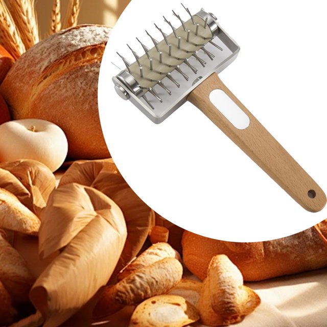 Rodillo para pizza con pinchos, resistente a la oxidación, con mango de madera, dispositivo para hacer agujeros en la , para uso comercial en el