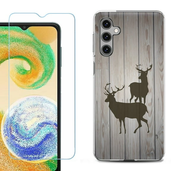 Shockproof Gel Phone Case for Samsung Galaxy A14 5G, with Tempered Glass Screen Protector, by OneToughShield ® - Wood/Deer