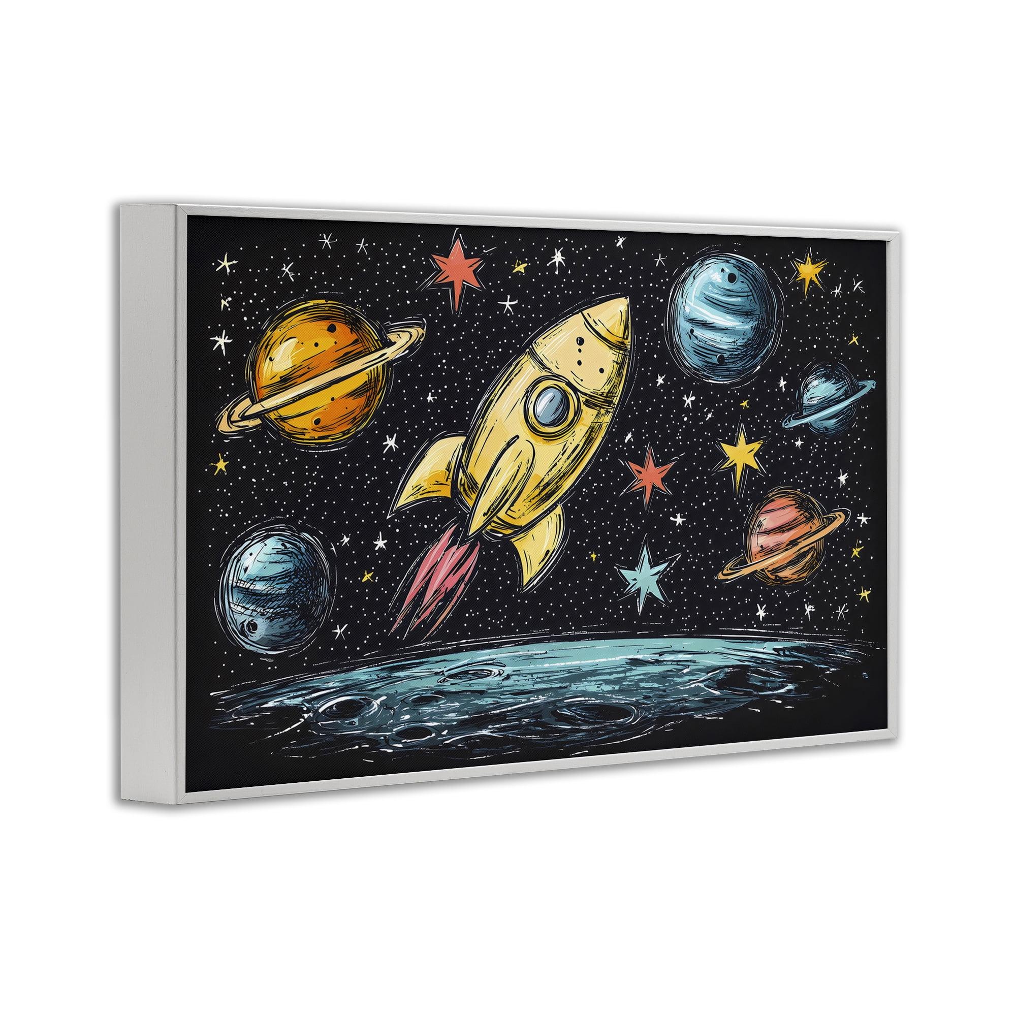 Stupell Industries Whimsical Rocket & Planets White Framed Giclee Art, design by Creative Studio