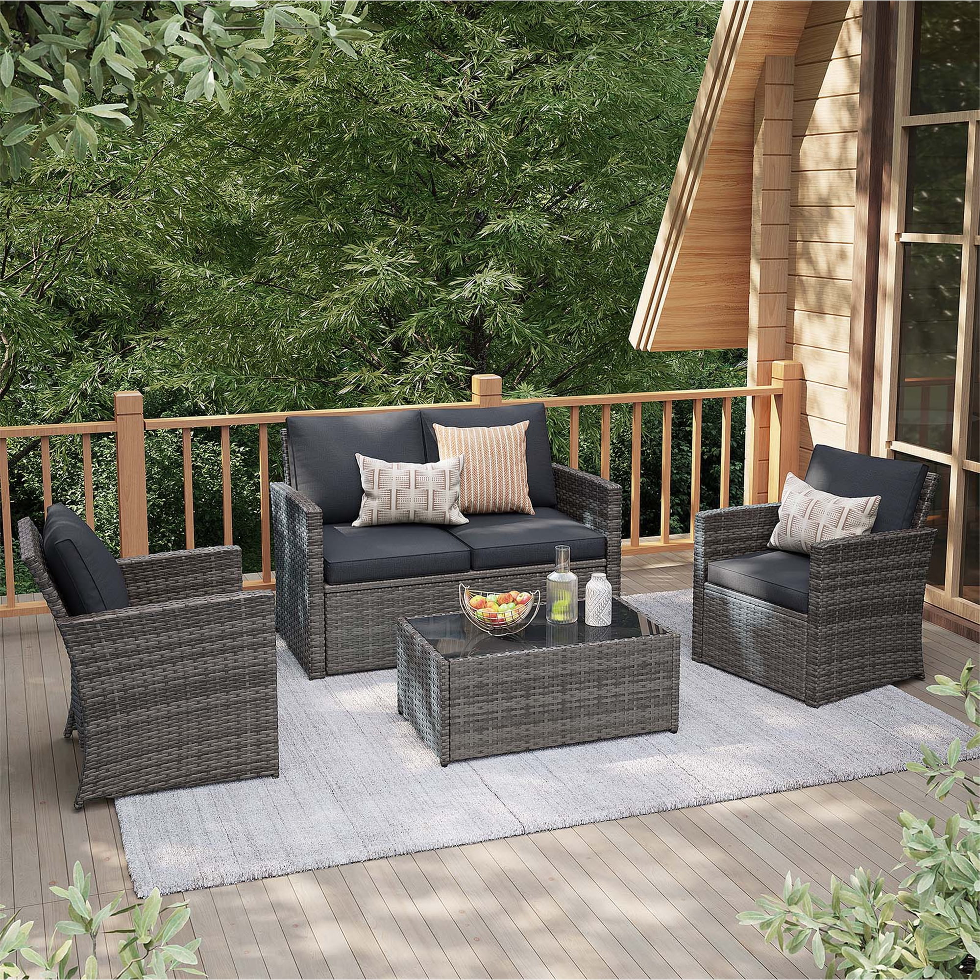 JOIVI 4 Pieces Outdoor Sectional PE Rattan Conversation Sofa Set with Gray Wicker, Dark Gray Cushion