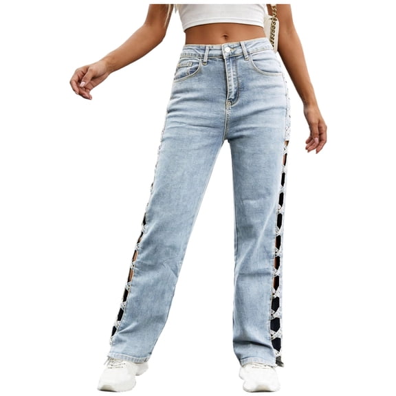 Tnhcen Women High Waisted Straight Leg Jeans with Side Lace Up Detail Button Fly Zip Closure Pockets Casual Denim Long Pants for Women
