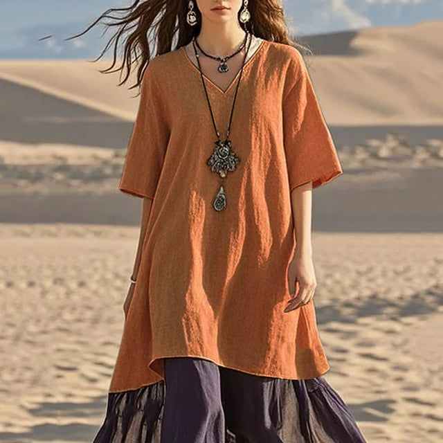 Hyknon Robe Maxi pour Femme Grande Taille à Col en V à Manches Courtes Robe d'Été Patchwork à Manches Courtes Style Cap Décontractée Coupe Ample Robe Chemise Plissée avec Poches P-5TG