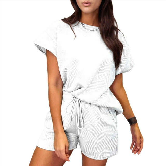 Ensemble de Pyjama Décontracté pour Femmes 2 Pcs en Tissu Texturé à Manches Courtes et Col Rond Uni Blanc G