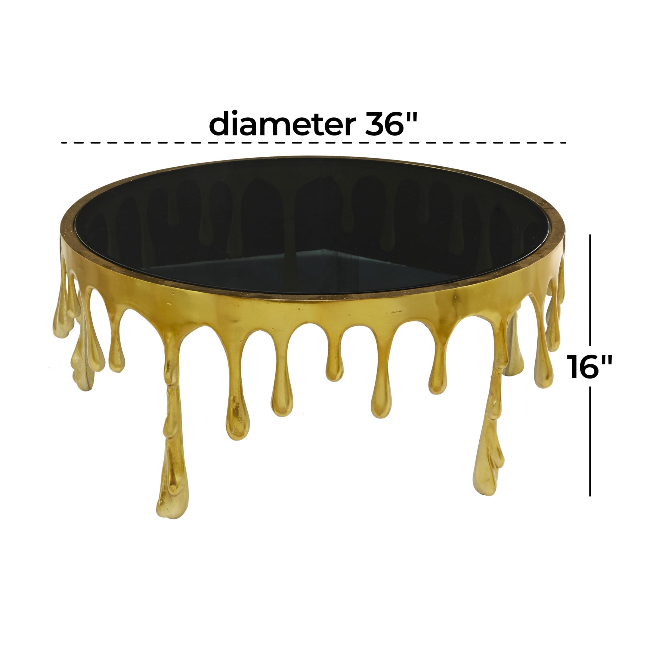 DecMode 36" x 16" Gold Aluminum Metal Melting Drip Abstract Coffee Table with Black Glass Top, 1-Piece
